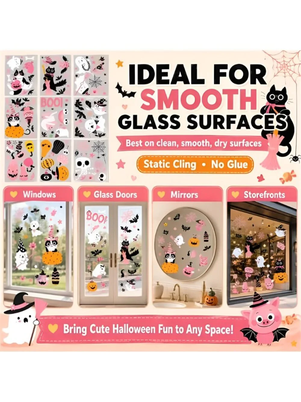 Pink Halloween Window Clings, Reusable Cute Cat Ghost, 8 Sheets